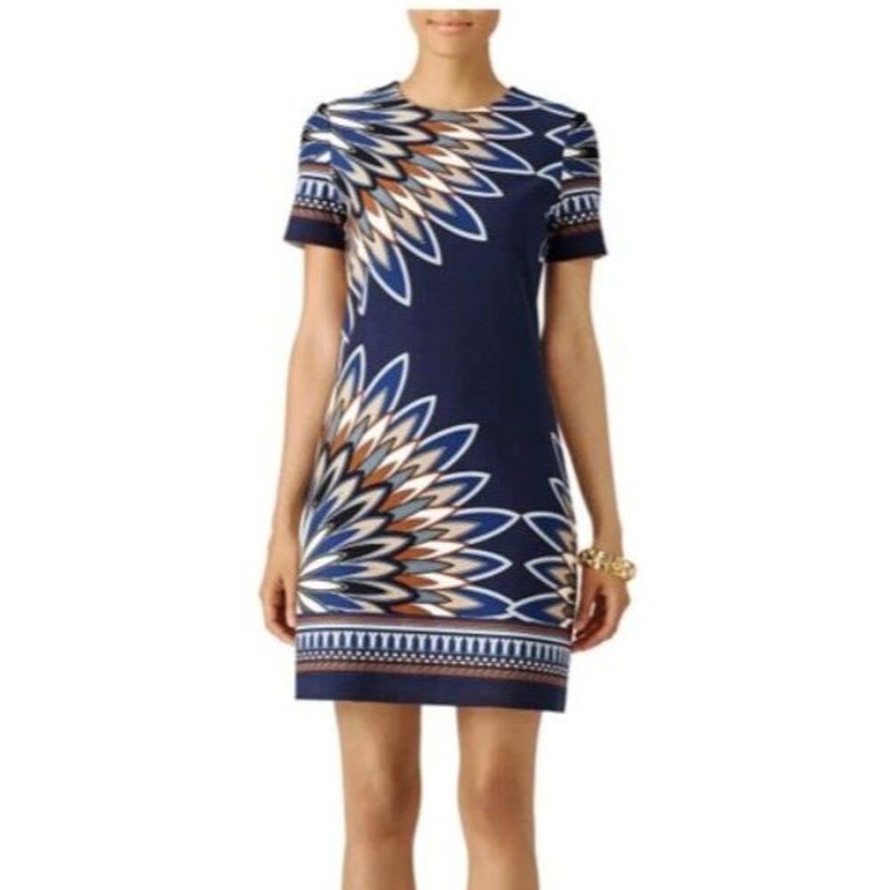 Tory Burch Deco-Fan Print Short-Sleeve Shift Dress Sz L Blue Stretch Comfy